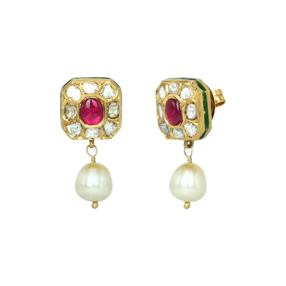 Multi-Strand Pearl Choker Set with Navaratna Motif and Drops